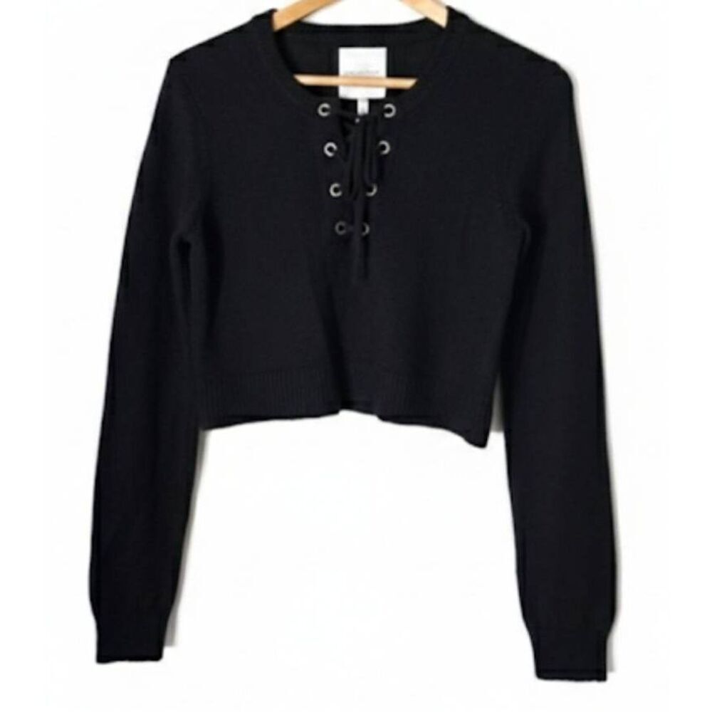 Avec les filles womens small sweater alpaca wool boxy cropped black lightweight